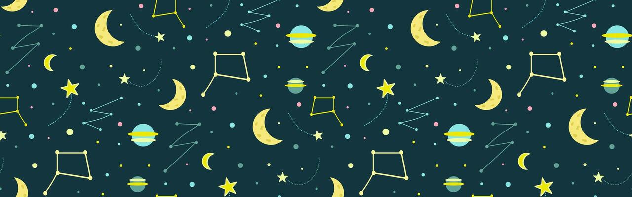 Seamless space pattern Illustration of stars, planets, moon and star shapes on the night sky pattern for textile, printing