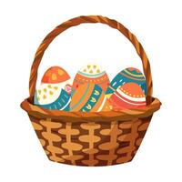 Wicker Easter basket filled with colourful Easter dyed eggs vector