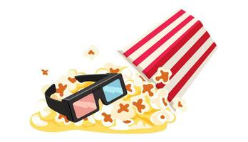 Popcorn scattered from a box and 3d glasses for watching movie Time at the cinema. images. Isolated vector