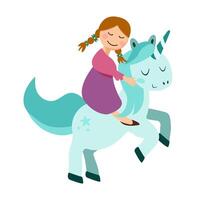Cute little girl riding a blue unicorn. Fairy tale unicorn in flat style. illustration isolated for greeting card, poster, print, textile, children books, wallpaper vector