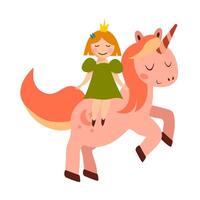Cute princess girl sitting riding a unicorn. Fairy tale unicorn in flat style. illustration isolated for greeting card, poster, print, textile, children books, wallpaper vector