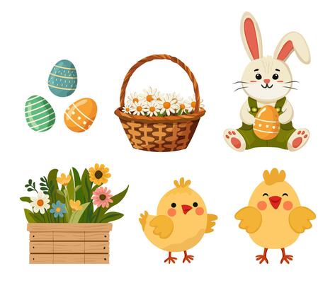 Easter illustration set for Easter holidays. Cute bunny, yellow chickens, Easter eggs, daisies, flower beds Isolated