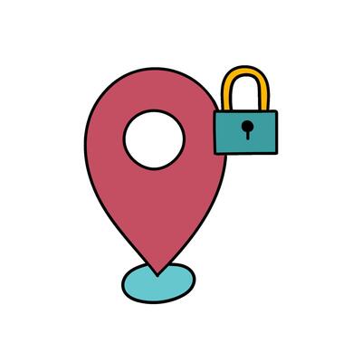 map pin and lock restricted area hand drawn color illustration