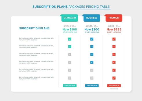 Subscription Plans Pricing Comparison Table Infographic Template with 3 Package vector