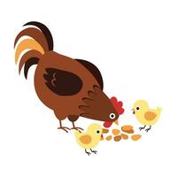 Kawaii Hen Eating with chick on White Background vector