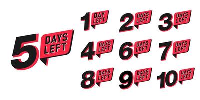 Countdown days to go banner. set of number 10-1 days left badges. countdown icon isolated with red ribbon on white background. promotion sale offer deal timer vector