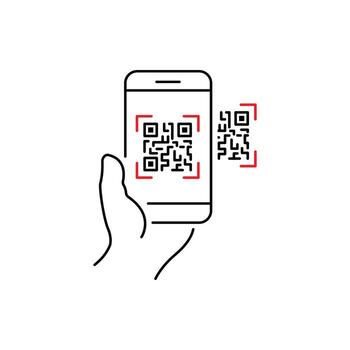 escanear qr código icono, pago mano con teléfono, escáner aplicación, Delgado línea símbolo en blanco antecedentes - editable carrera vector