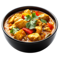 Delicious Chicken Curry In Black Bowl With Vegetables And Herbs Isolated On Transparent Background png