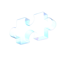 A transparent, glowing blue puzzle piece with a sleek, modern glassy design, 3d illustration png