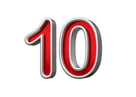 Vibrant Red Number Ten 10 With Metallic Gleam And Beveled Edges, 3D Illustration png