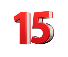 Bold Vibrant Red Number Fifteen Number 15 With Metallic On White Background 3D Illustration png