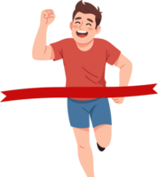 Happy man crossing finish line in race celebrating victory with joy and enthusiasm png