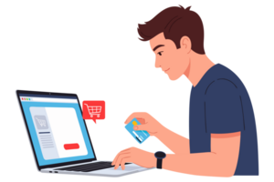 Young Man Shopping Online with Credit Card at Laptop in Concept png