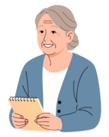 Senior Woman Smiling with Notebook in a Relaxed Indoor Setting png