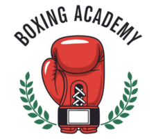 Vibrant Logo Design for Boxing Academy Featuring a Red Boxing Glove Surrounded by Laurels and Bold Text for Training and Sports Promotion png