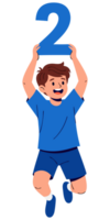 Cheerful Child Holding Up Number Two Sign in Bright Blue Outfit for Counting, Age and Ranking Concepts in a Playful Illustration png