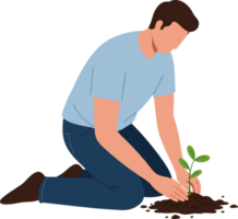 Caring Man Nurturing a Young Seedling in Soil, Emphasizing Growth and Connection to Nature During Gardening png