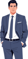 Confident Man in Stylish Blue Suit with Hands in Pockets Posing for a Professional Portrait png