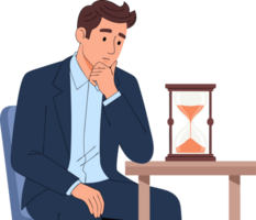 Thoughtful Man Contemplating Time Management While Watching Hourglass, Symbolizing Patience and Deadline Pressure in Professional Life png