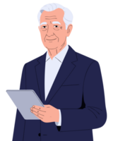 Smiling Elderly Man in Business Attire Holding a Tablet, Representing Professionalism and Technology in Modern Work Environments png