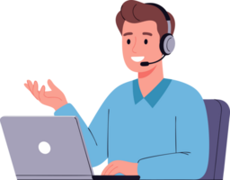 Smiling Man with Headset Providing Online Customer Service Support through Communication via Laptop in a Modern Workspace Setting png
