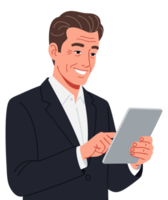 Professional businessman engaging with digital tablet in a modern office setting, showcasing technology use for enhanced communication and productivity png
