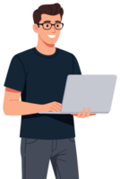 Young Man with Glasses Engaged in Remote Work while Using Laptop, Embracing Technology and Learning New Skills at Home png