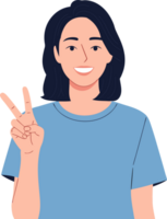 Smiling Woman Making a Victory Sign with Peace Gesture in Casual Blue T-Shirt on a Bright Background png