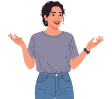 Cheerful woman shrugging with open hands in casual attire expressing uncertainty or seeking understanding in a light-hearted manner png