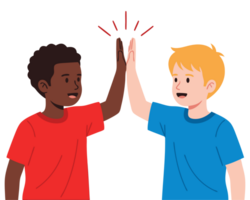 Joyful Moment of Two Boys High-Fiving to Celebrate Friendship and Teamwork with Smiles and Excitement in a Colorful Illustration png