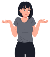 Young Woman with Shrugging Gesture Showing Confused Expression Signifying Uncertainty and Dilemma with Questioning Attitude in a Modern Illustration png
