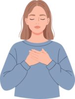 Woman with Eyes Closed and Hands on Chest in a Calming Gesture of Mindfulness and Meditation Practice png