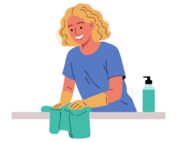 Person Engaged in Household Chores Wiping Down Counter with Cleaning Cloth to Promote Hygiene and Sanitation in a Bright and Cheerful Setting png