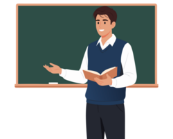 Male Teacher Explaining Concepts in Classroom with Chalkboard and Open Book, Engaging Students in Learning Activities png