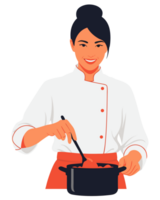 Professional Female Chef in Kitchen Smiling While Preparing Delicious Dish with Passion for Culinary Arts png