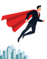 Superhero Businessman Flying Over City - A Symbol of Leadership, Success, and Ambition in Modern Urban Landscape with Dynamic Energy png