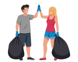 Community Cleanup Initiative Volunteers Celebrating Teamwork with High-Five After Collecting Trash and Improving the Environment Together png
