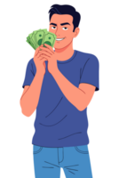 Happy man holding money excited about wealth and financial success demonstrating income and profit in a cheerful and engaging manner png