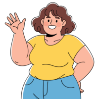 Cheerful Woman Waving Hello with a Bright Smile in a Simple Yellow Shirt Expressing Warmth and Positivity in a Friendly Gesture png