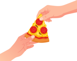 Hands Exchanging a Slice of Pizza Representing Generosity and Friendship During a Shared Meal Experience png