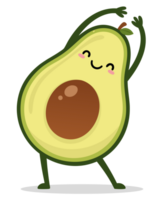Whimsical Avocado Character Stretching in a Joyful Pose, Representing Fitness, Wellbeing, and Healthy Living Lifestyle png