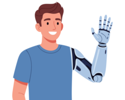 Man with Prosthetic Arm Expressing Joyful Emotion in Innovative Rehabilitation Setting Displaying Advances in Technology and Bionic Solutions png