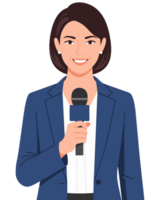 Female Reporter Holding Microphone for News Interview in Professional Attire with Friendly Smile and Engaging Expression Suitable for Media Projects png