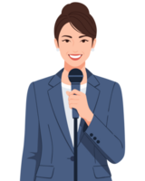 Confident Female Reporter Holding Microphone in Professional Attire Against Plain Background for News Communication Concepts png