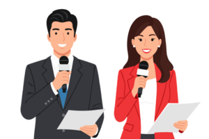 Male and Female News Anchors Presenting News on Camera with Microphones and Scripts in a Professional Studio Setting png