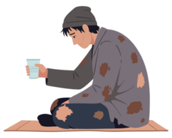 Man in Tattered Clothing Sitting on Ground with Cup, Representing Homelessness, Poverty, and Despair in Urban Environment, Seeking Help from Charity png