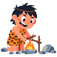A Determined Caveman Discovering Fire for Survival in a Primitive Environment, Engaging in an Ancient and Essential Skill for Life png