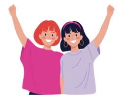 Joyful Young Women Celebrating Friendship and Teamwork with Cheerful Expressions and Raised Arms in a Vibrant Collaboration Setting png
