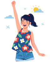 Joyful Young Woman Celebrating Under Bright Sunshine with a Cheerful Expression and Free-Spirited Attitude in a Colorful Floral Top png