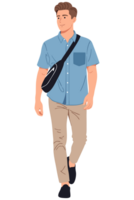Young Man Walking with Backpack on Journey of Adventure and Exploration in a Casual Outfit, Emphasizing Travel and Outdoor Experience png